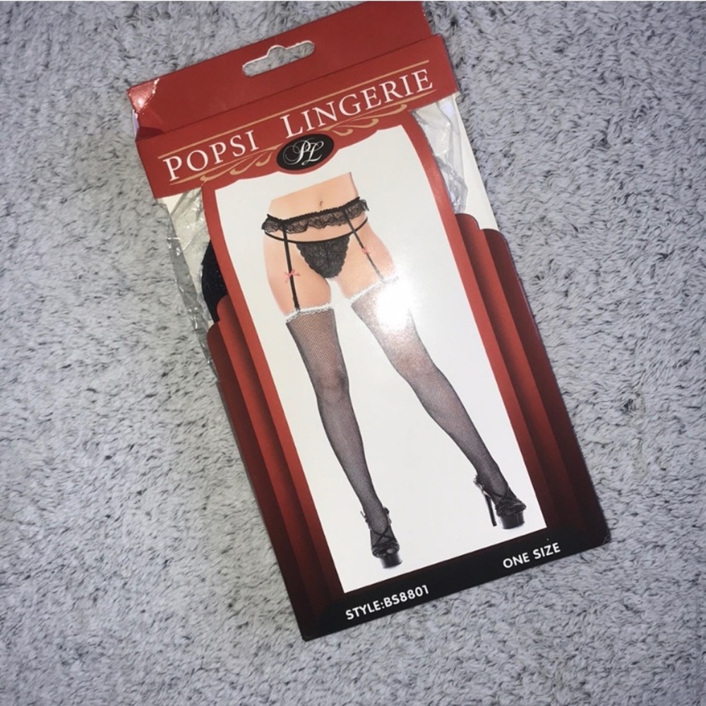 🪞 NEW sexy lace trim stockings and garter set of 3 - Picture 2 of 5